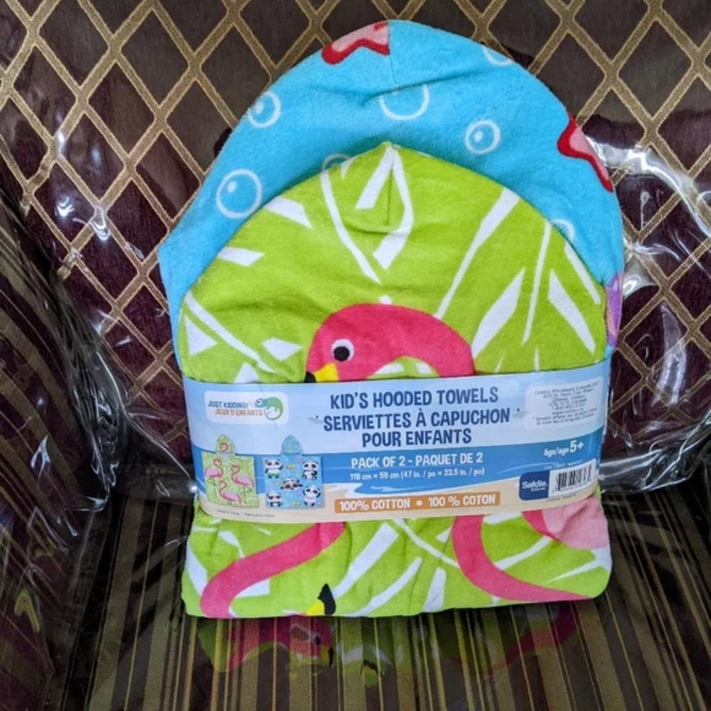 Just Kidding! Kid's Hooded Towels Pack of 2, Flamingo and Panda Themed